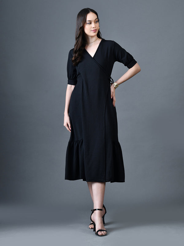 Myshka Women Black Polyester A-Line V-Neck Solid Knee Length Short Sleeves Dresses - Distacart