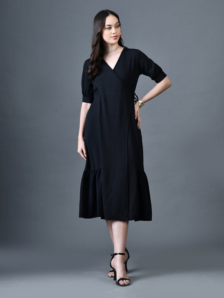 Myshka Women Black Polyester A-Line V-Neck Solid Knee Length Short Sleeves Dresses - Distacart