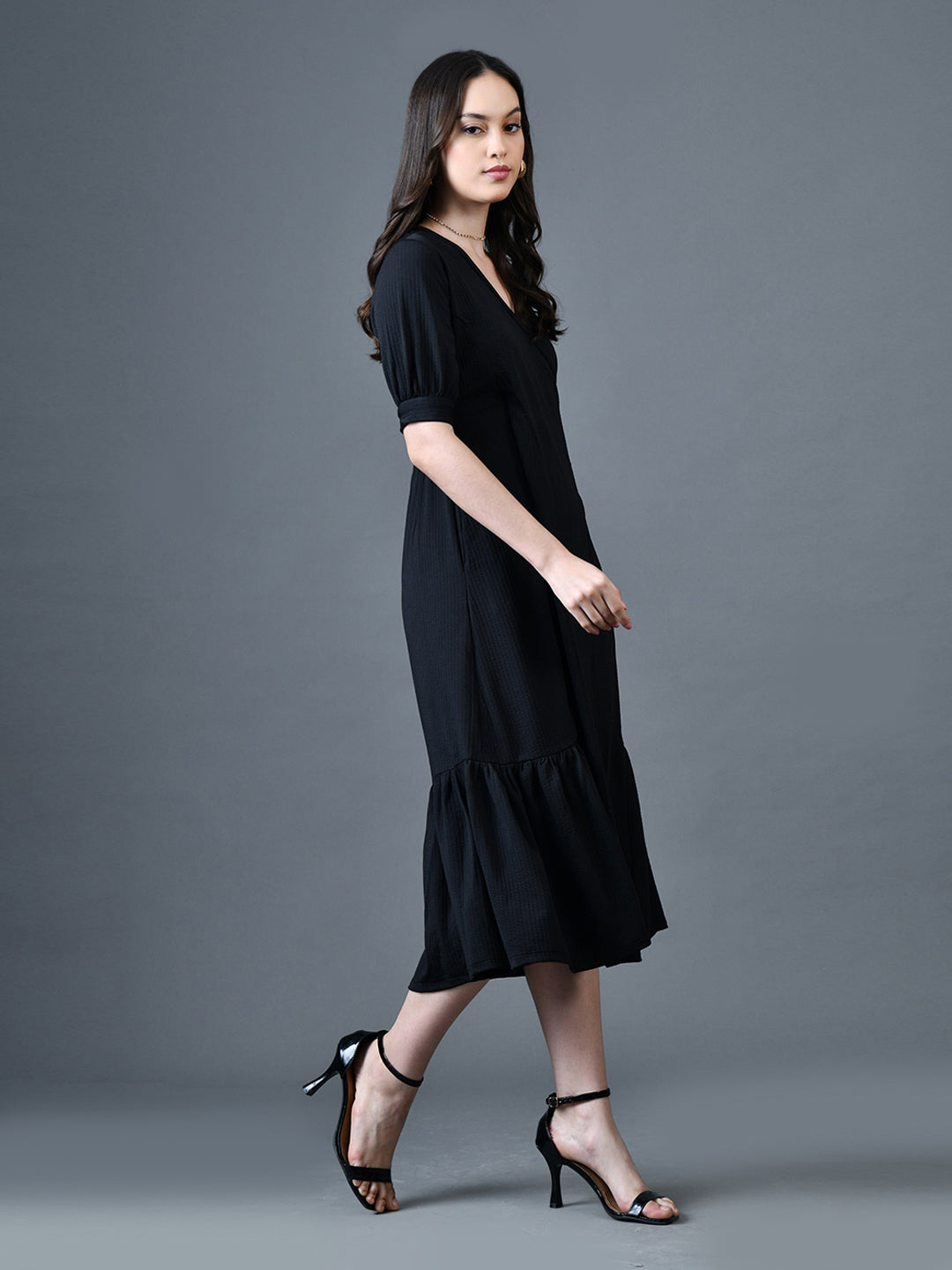 Myshka Women Black Polyester A-Line V-Neck Solid Knee Length Short Sleeves Dresses - Distacart