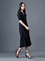 Thumbnail for Myshka Women Black Polyester A-Line V-Neck Solid Knee Length Short Sleeves Dresses - Distacart
