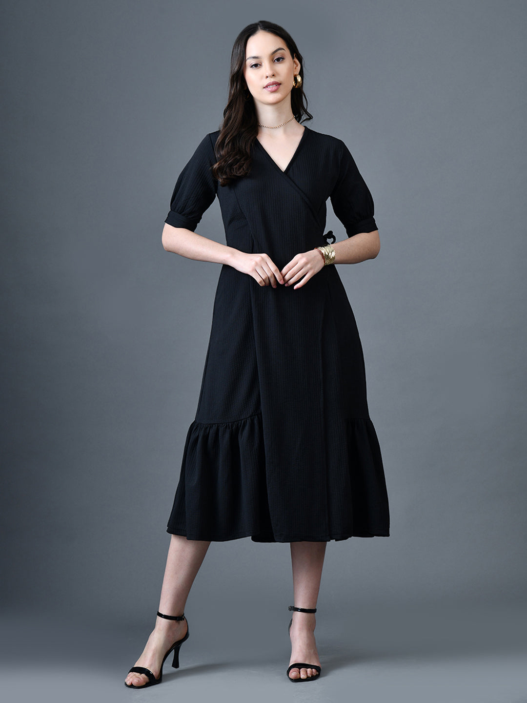 Myshka Women Black Polyester A-Line V-Neck Solid Knee Length Short Sleeves Dresses - Distacart