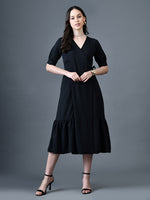 Thumbnail for Myshka Women Black Polyester A-Line V-Neck Solid Knee Length Short Sleeves Dresses - Distacart