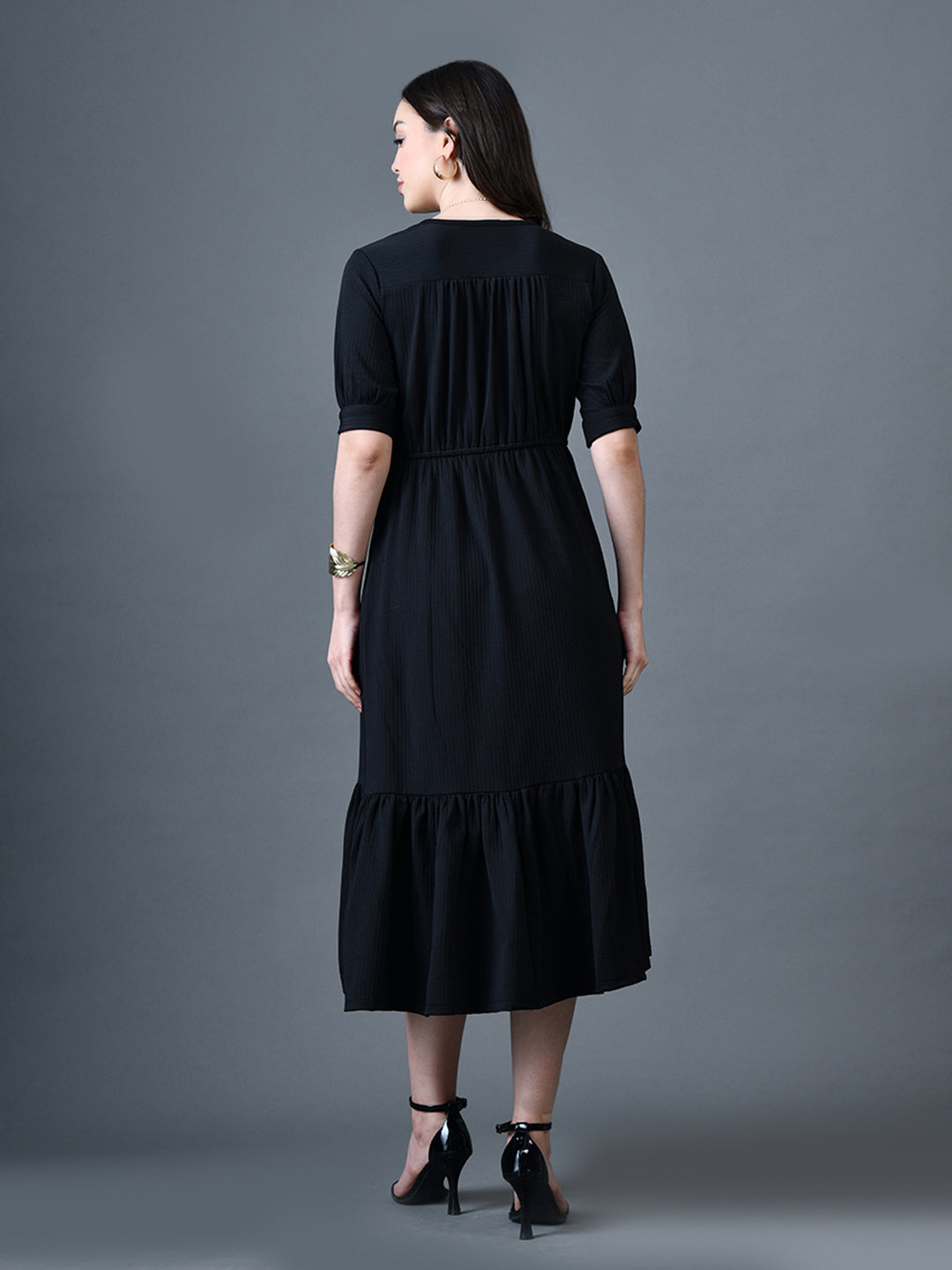 Myshka Women Black Polyester A-Line V-Neck Solid Knee Length Short Sleeves Dresses - Distacart