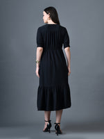 Thumbnail for Myshka Women Black Polyester A-Line V-Neck Solid Knee Length Short Sleeves Dresses - Distacart