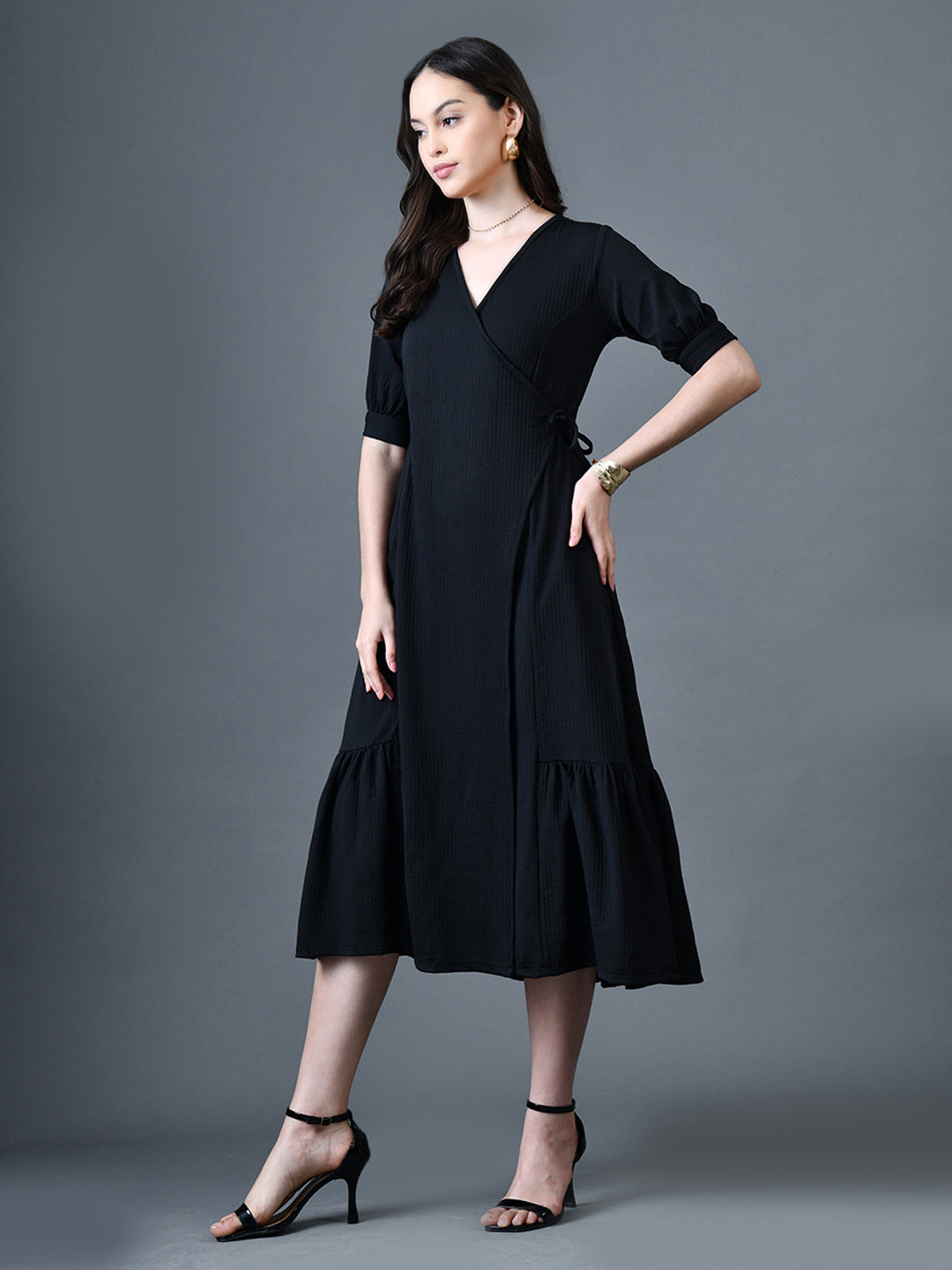 Myshka Women Black Polyester A-Line V-Neck Solid Knee Length Short Sleeves Dresses - Distacart