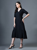 Thumbnail for Myshka Women Black Polyester A-Line V-Neck Solid Knee Length Short Sleeves Dresses - Distacart