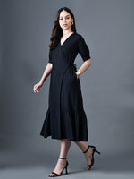 Thumbnail for Myshka Women Black Polyester A-Line V-Neck Solid Knee Length Short Sleeves Dresses - Distacart