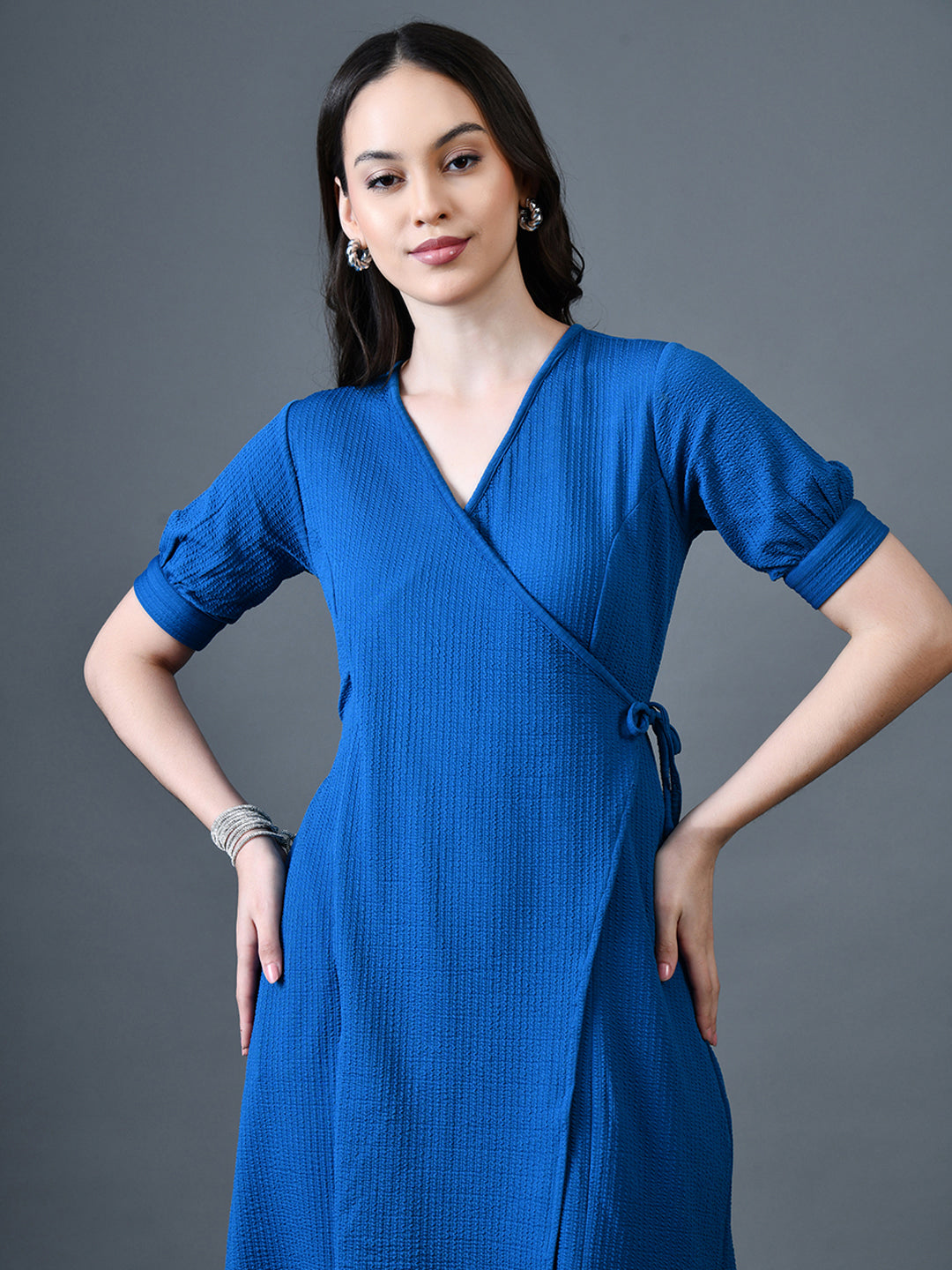 Myshka Women Blue Polyester A-Line V-Neck Solid Knee Length Short Sleeves Dresses - Distacart