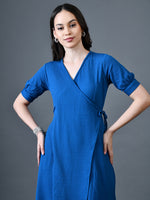 Thumbnail for Myshka Women Blue Polyester A-Line V-Neck Solid Knee Length Short Sleeves Dresses - Distacart