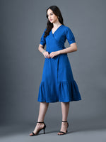Thumbnail for Myshka Women Blue Polyester A-Line V-Neck Solid Knee Length Short Sleeves Dresses - Distacart