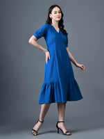 Thumbnail for Myshka Women Blue Polyester A-Line V-Neck Solid Knee Length Short Sleeves Dresses - Distacart
