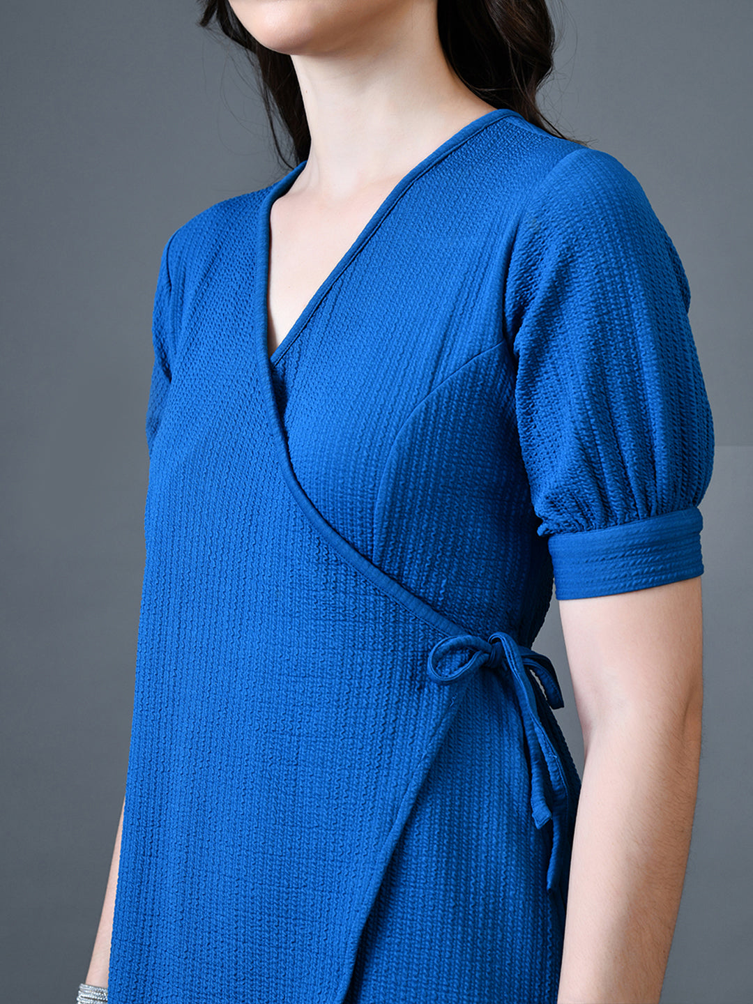 Myshka Women Blue Polyester A-Line V-Neck Solid Knee Length Short Sleeves Dresses - Distacart