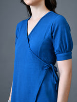 Thumbnail for Myshka Women Blue Polyester A-Line V-Neck Solid Knee Length Short Sleeves Dresses - Distacart