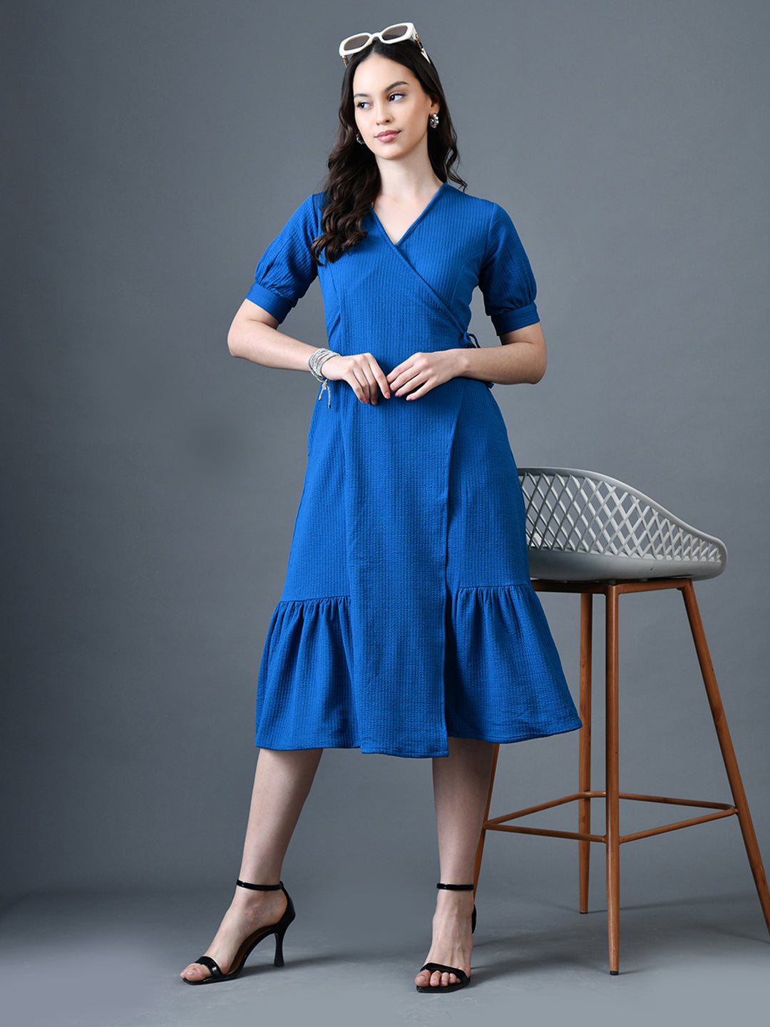 Myshka Women Blue Polyester A-Line V-Neck Solid Knee Length Short Sleeves Dresses - Distacart