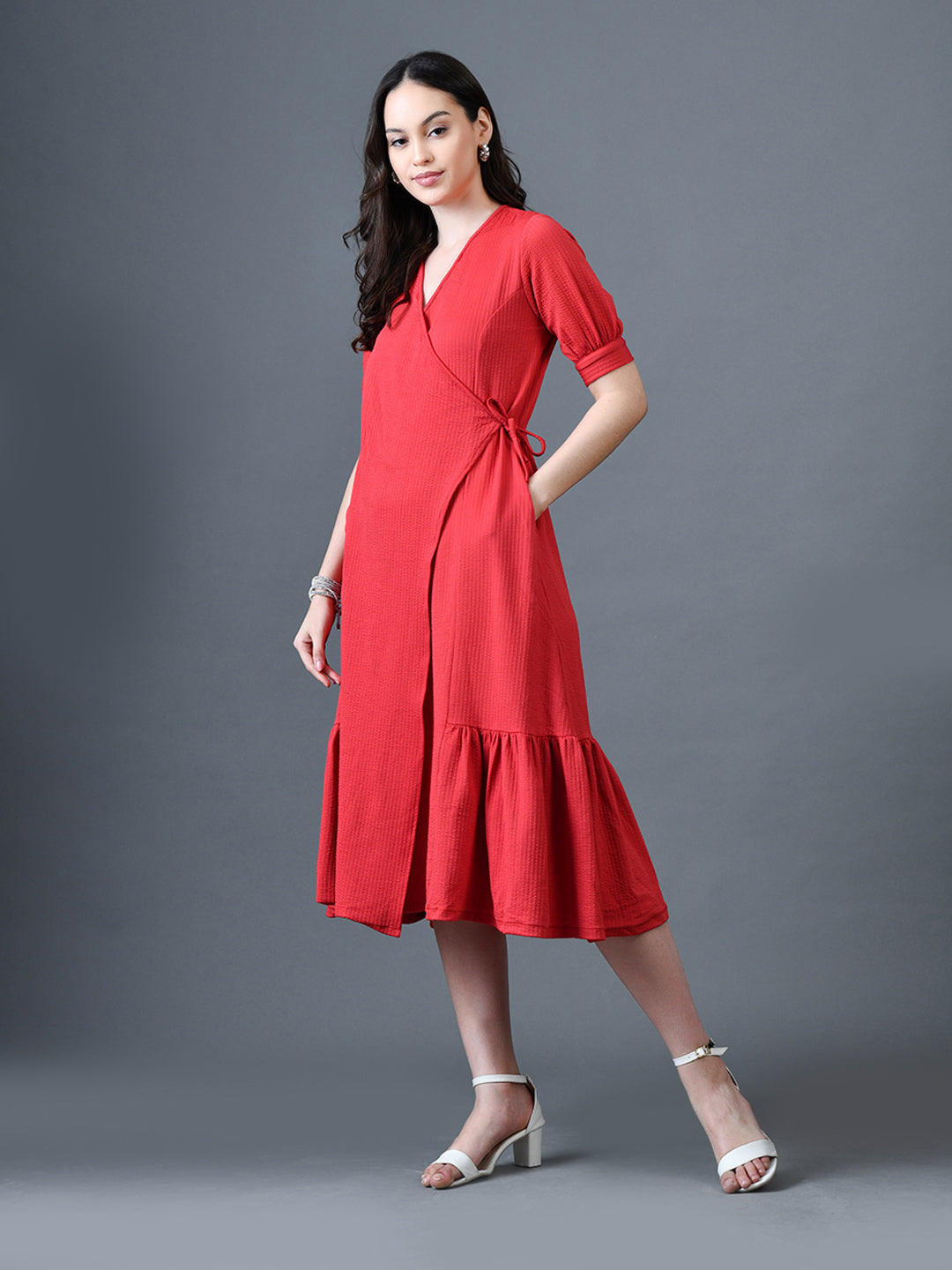 Myshka Women Red Polyester A-Line V-Neck Solid Knee Length Short Sleeves Dresses - Distacart