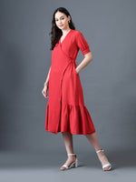 Thumbnail for Myshka Women Red Polyester A-Line V-Neck Solid Knee Length Short Sleeves Dresses - Distacart