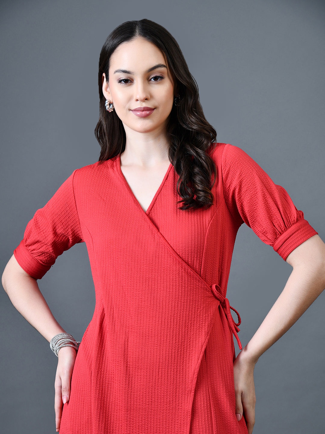 Myshka Women Red Polyester A-Line V-Neck Solid Knee Length Short Sleeves Dresses - Distacart