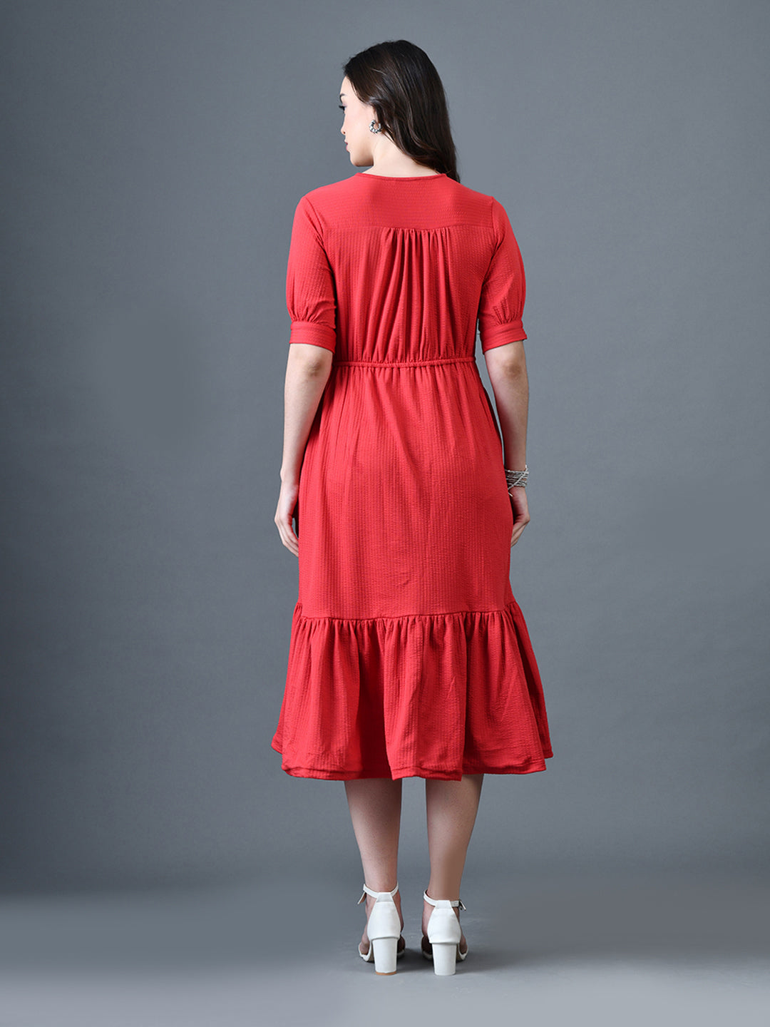 Myshka Women Red Polyester A-Line V-Neck Solid Knee Length Short Sleeves Dresses - Distacart
