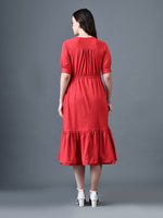 Thumbnail for Myshka Women Red Polyester A-Line V-Neck Solid Knee Length Short Sleeves Dresses - Distacart
