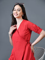 Thumbnail for Myshka Women Red Polyester A-Line V-Neck Solid Knee Length Short Sleeves Dresses - Distacart