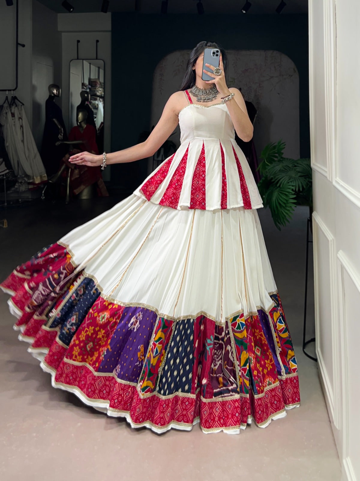 Lorenvalley Fashion White Pure Rayon Multi Patch Work With Lace Touch Up Lehenga Choli