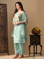 Thumbnail for Myshka blue Silk Blend Straight Round Neck Short Sleeves Kurta Trousers With Dupatta - Distacart