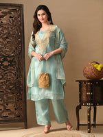 Thumbnail for Myshka blue Silk Blend Straight Round Neck Short Sleeves Kurta Trousers With Dupatta - Distacart