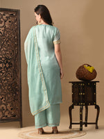 Thumbnail for Myshka blue Silk Blend Straight Round Neck Short Sleeves Kurta Trousers With Dupatta - Distacart