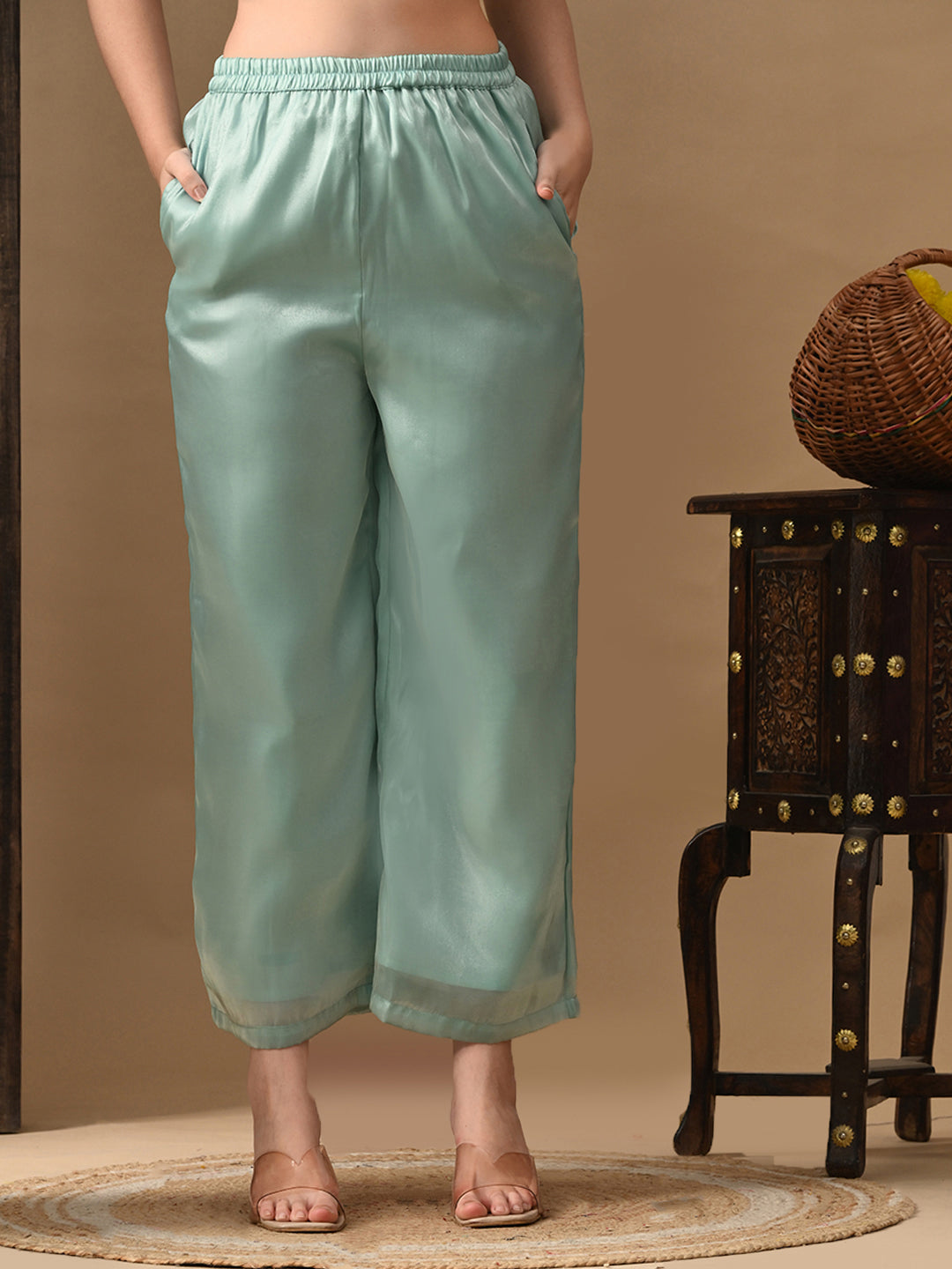 Myshka blue Silk Blend Straight Round Neck Short Sleeves Kurta Trousers With Dupatta - Distacart