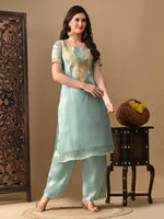 Thumbnail for Myshka blue Silk Blend Straight Round Neck Short Sleeves Kurta Trousers With Dupatta - Distacart