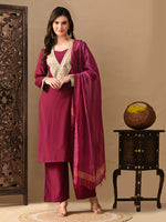 Thumbnail for Myshka Wine Silk Blend Straight Round Neck Long Sleeves Kurta Trousers With Dupatta - Distacart
