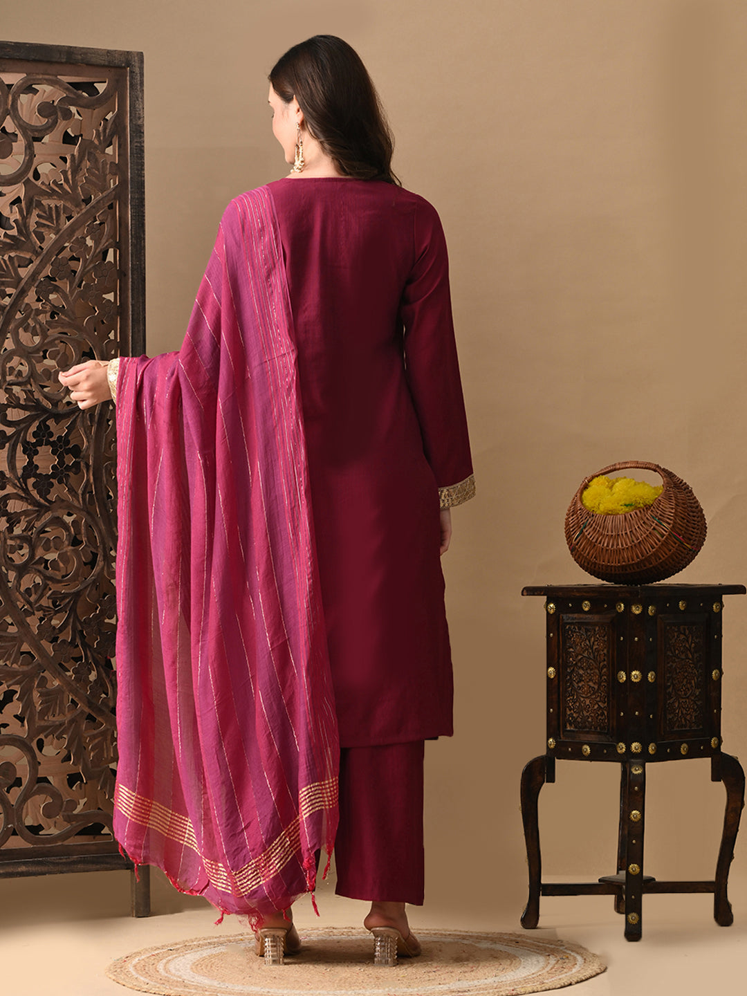 Myshka Wine Silk Blend Straight Round Neck Long Sleeves Kurta Trousers With Dupatta - Distacart