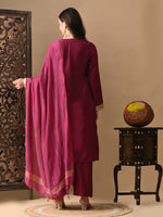 Thumbnail for Myshka Wine Silk Blend Straight Round Neck Long Sleeves Kurta Trousers With Dupatta - Distacart