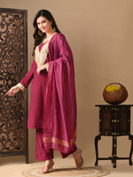 Thumbnail for Myshka Wine Silk Blend Straight Round Neck Long Sleeves Kurta Trousers With Dupatta - Distacart