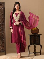 Thumbnail for Myshka Wine Silk Blend Straight Round Neck Long Sleeves Kurta Trousers With Dupatta - Distacart