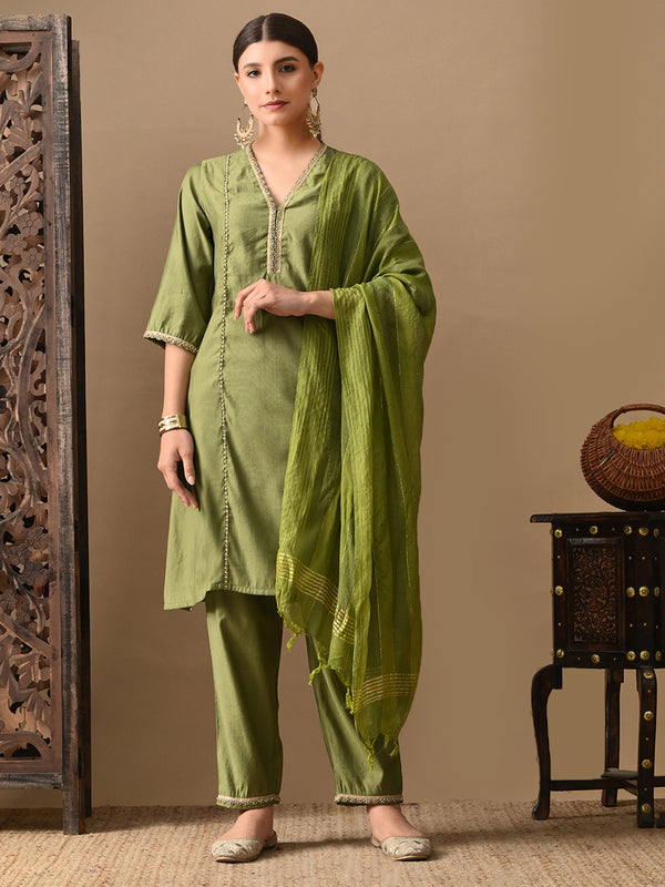 Myshka Green Silk Blend Straight V-Neck Three-Quarter Sleeves Kurta Trousers With Dupatta - Distacart