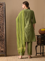Thumbnail for Myshka Green Silk Blend Straight V-Neck Three-Quarter Sleeves Kurta Trousers With Dupatta - Distacart