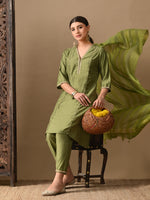 Thumbnail for Myshka Green Silk Blend Straight V-Neck Three-Quarter Sleeves Kurta Trousers With Dupatta - Distacart