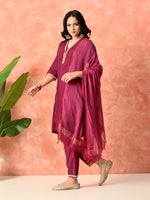 Thumbnail for Myshka Wine Silk Blend Straight V-Neck Three-Quarter Sleeves Kurta Trousers With Dupatta - Distacart