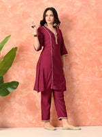 Thumbnail for Myshka Wine Silk Blend Straight V-Neck Three-Quarter Sleeves Kurta Trousers With Dupatta - Distacart