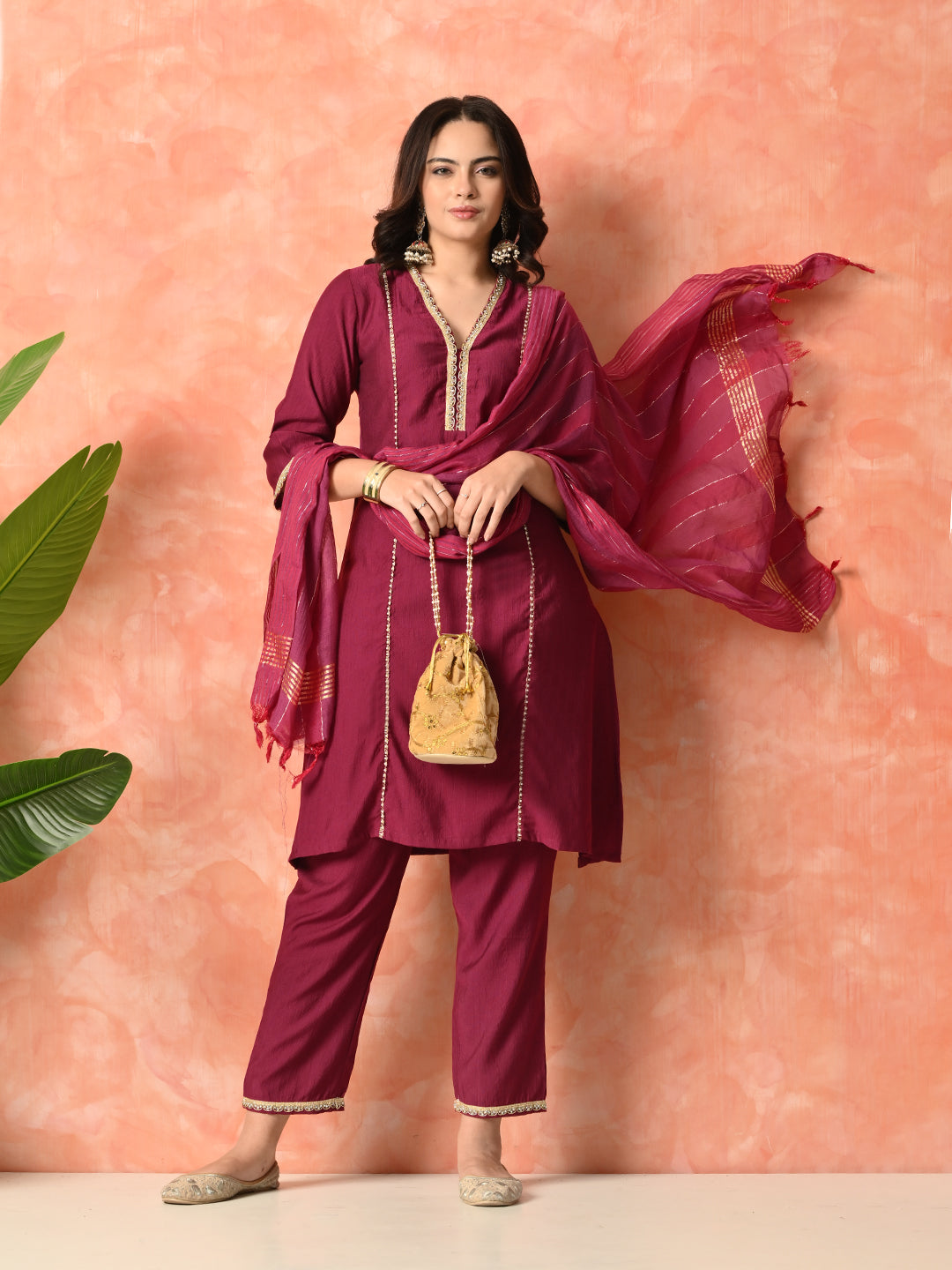 Myshka Wine Silk Blend Straight V-Neck Three-Quarter Sleeves Kurta Trousers With Dupatta - Distacart