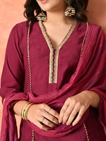 Thumbnail for Myshka Wine Silk Blend Straight V-Neck Three-Quarter Sleeves Kurta Trousers With Dupatta - Distacart