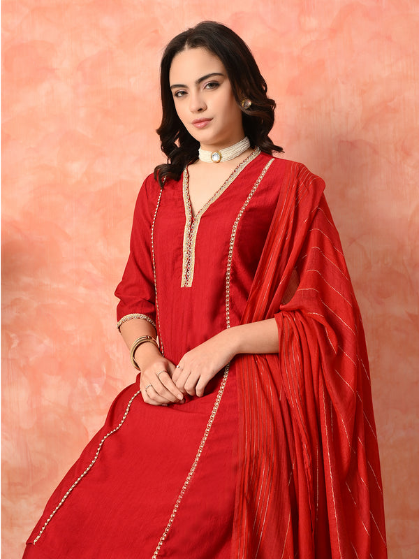 Myshka Red Silk Blend Straight V-Neck Three-Quarter Sleeves Kurta Trousers With Dupatta - Distacart