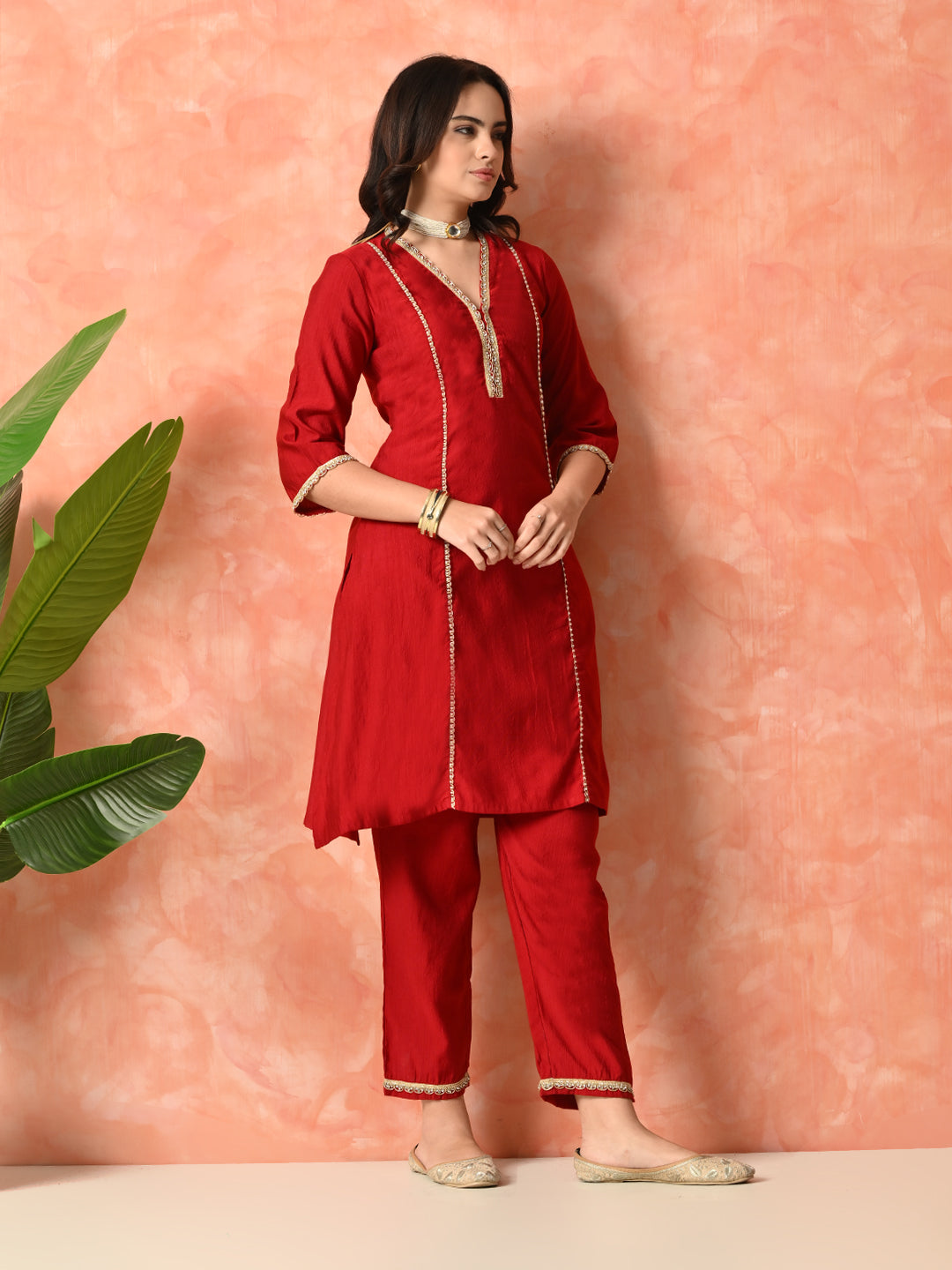 Myshka Red Silk Blend Straight V-Neck Three-Quarter Sleeves Kurta Trousers With Dupatta - Distacart