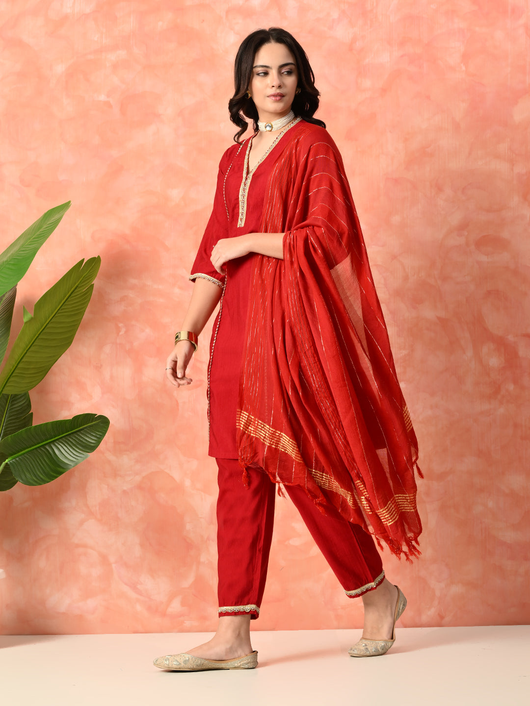 Myshka Red Silk Blend Straight V-Neck Three-Quarter Sleeves Kurta Trousers With Dupatta - Distacart
