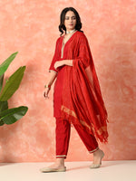 Thumbnail for Myshka Red Silk Blend Straight V-Neck Three-Quarter Sleeves Kurta Trousers With Dupatta - Distacart