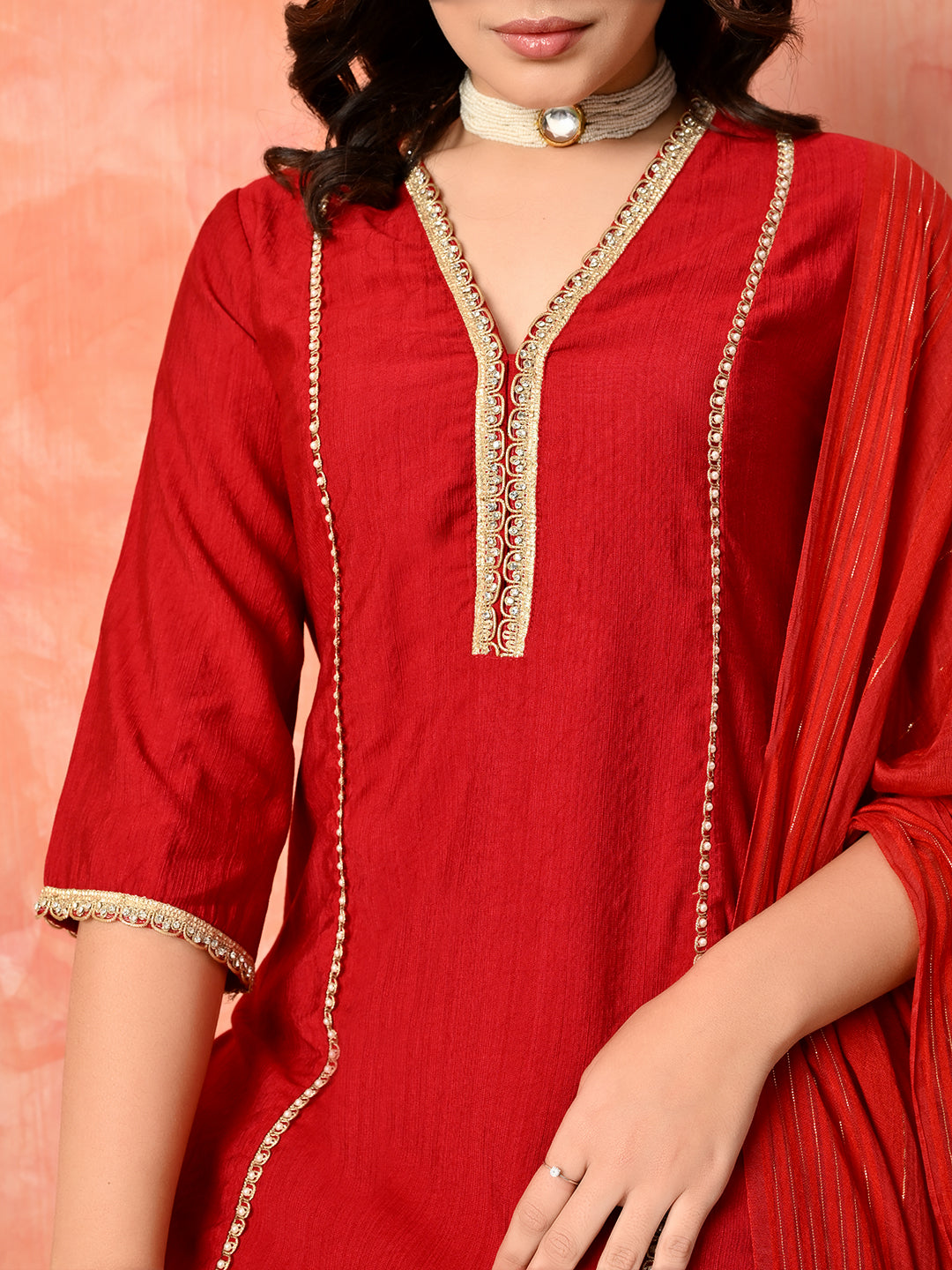 Myshka Red Silk Blend Straight V-Neck Three-Quarter Sleeves Kurta Trousers With Dupatta - Distacart