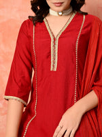 Thumbnail for Myshka Red Silk Blend Straight V-Neck Three-Quarter Sleeves Kurta Trousers With Dupatta - Distacart