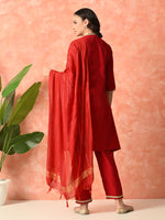 Thumbnail for Myshka Red Silk Blend Straight V-Neck Three-Quarter Sleeves Kurta Trousers With Dupatta - Distacart