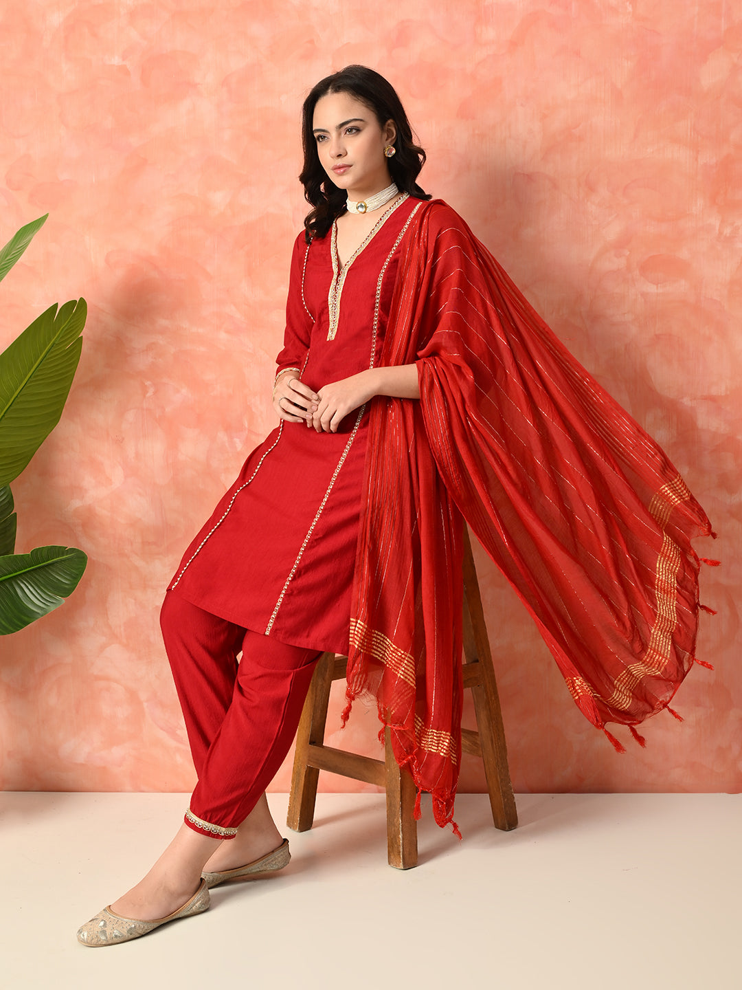 Myshka Red Silk Blend Straight V-Neck Three-Quarter Sleeves Kurta Trousers With Dupatta - Distacart